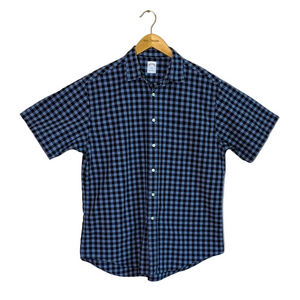 BROOKS‎ BROTHERS 346 Men Large All Cotton Blue Gingham Short Sleeve Shirt